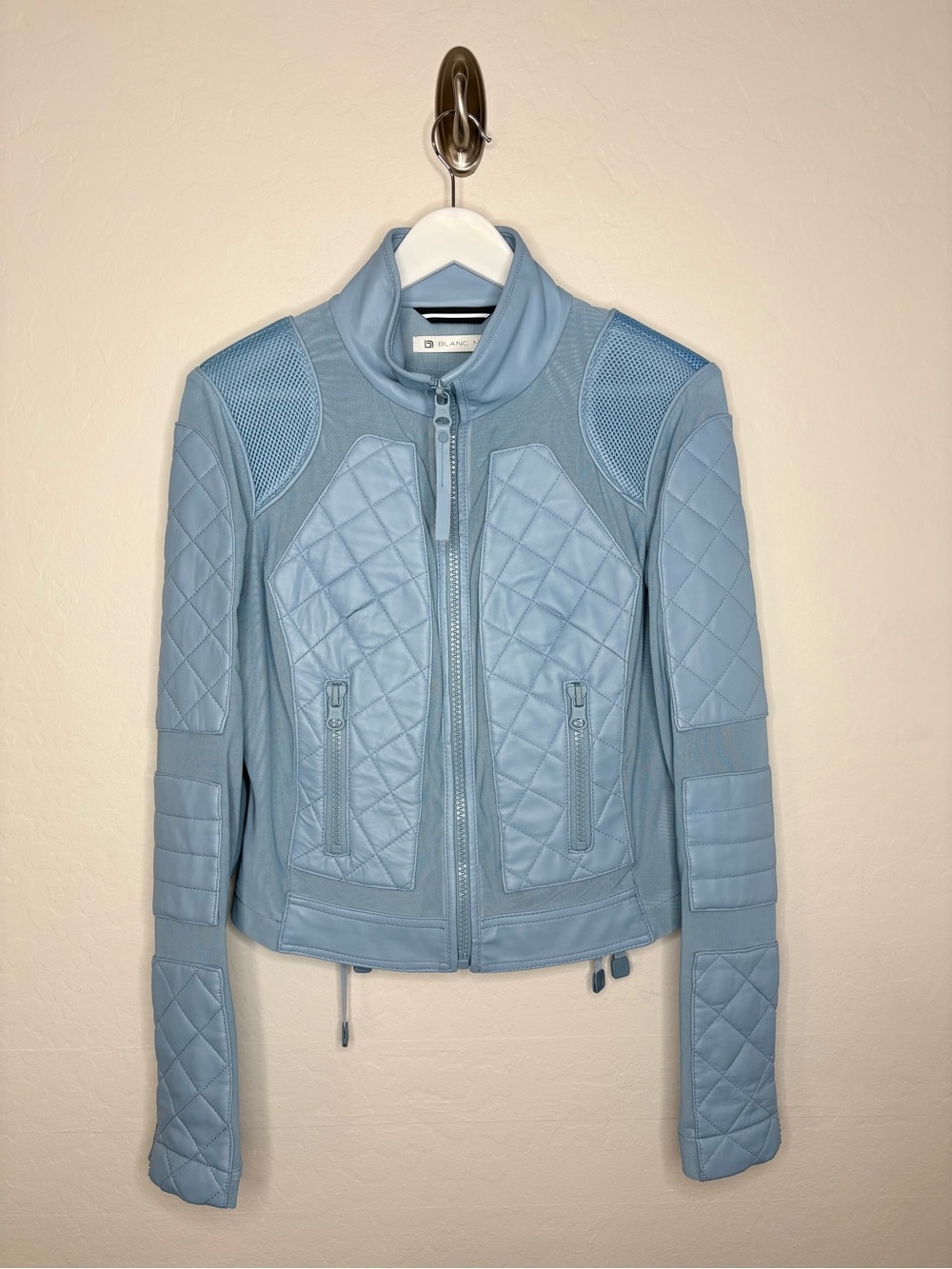 Blanc Noir Leather Quilted Moto Jacket Size Medium Light Blue Fog Mesh Biker - Picture 2 of 14